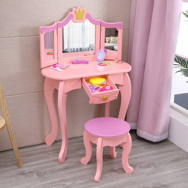 31"Kids Vanity Princess Dressing Table and Stool Set with ThreeFold